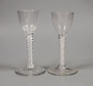 Two 18th century double series opaque twist stem cordial glasses, 14cm tall