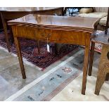 A George III satinwood banded serpentine mahogany folding tea table, width 84cm, depth 42cm,
