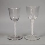 Two 18th century double series opaque twist stem glasses, tallest 15cm