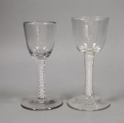 Two 18th century double series opaque twist stem glasses, tallest 15cm