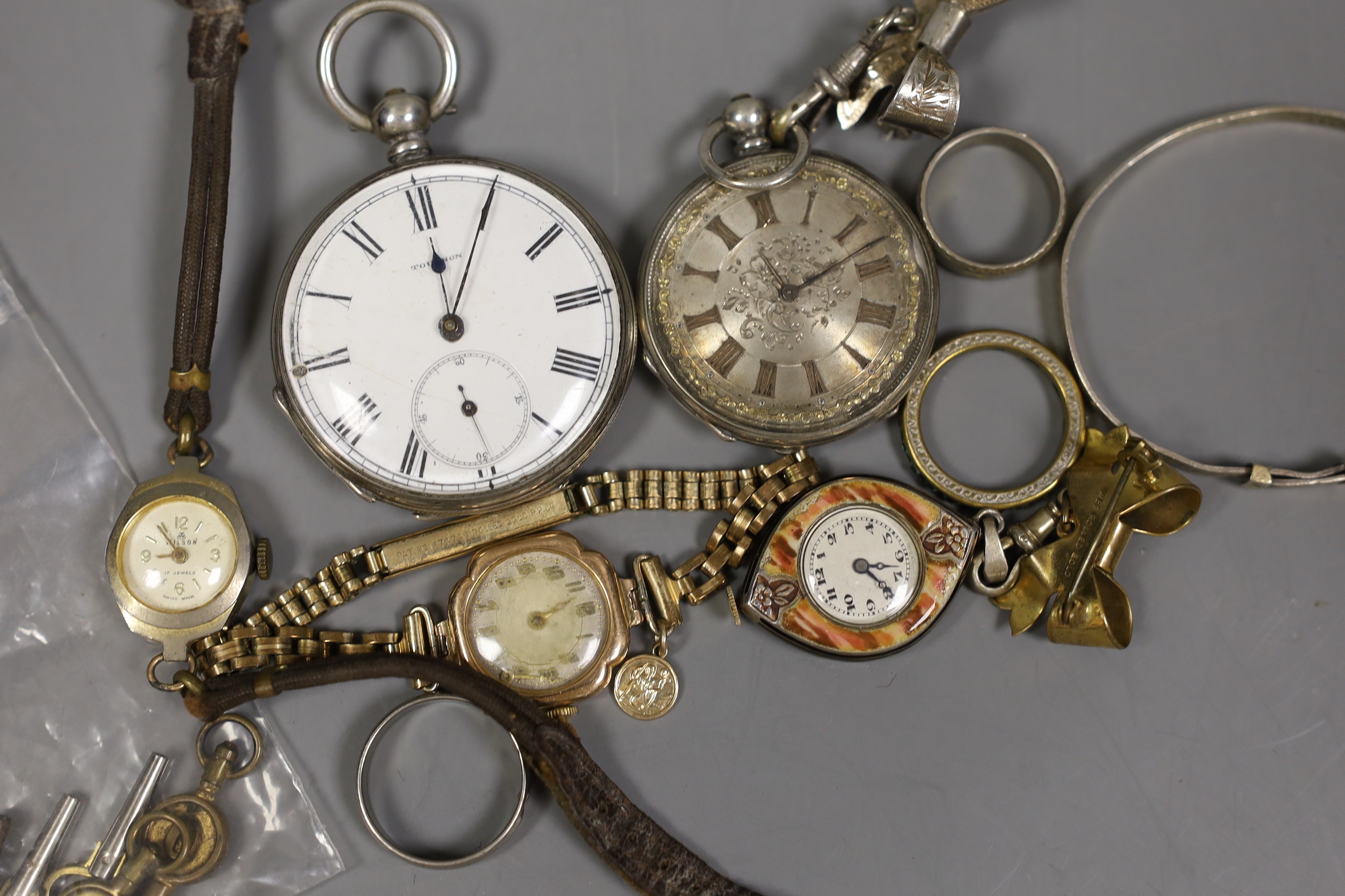 Sundry watches and jewellery including a white metal open face pocket watch and fob watch, three - Image 3 of 3