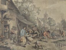 After Adriaen van Ostade (1610-1685), coloured engraving, Figures outside a tavern, signed in the