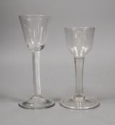 An 18th century air twist cordial glass and a plain stem cordial glass, tallest 16cm