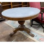 A 19th century French circular marble top mahogany centre table, diameter 98cm, height 73cm