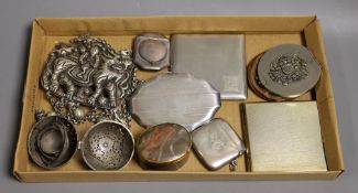 An engine turned silver cigarette case, two silver compacts and a vesta case, gross 7oz, an 18th