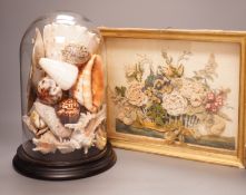 A Victorian chenille bouquet, framed and a shell arrangement, under a glass dome