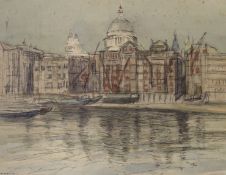 H.S. Ralphs (Wapping Group), watercolour, St Paul's from Bankside, signed and dated 1948, 37 x 47cm