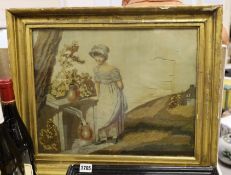 A framed Regency woolwork and silk picture, 33x42cm
