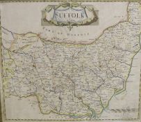 Robert Morden, coloured engraving, Map of Suffolk, 38 x 44cm