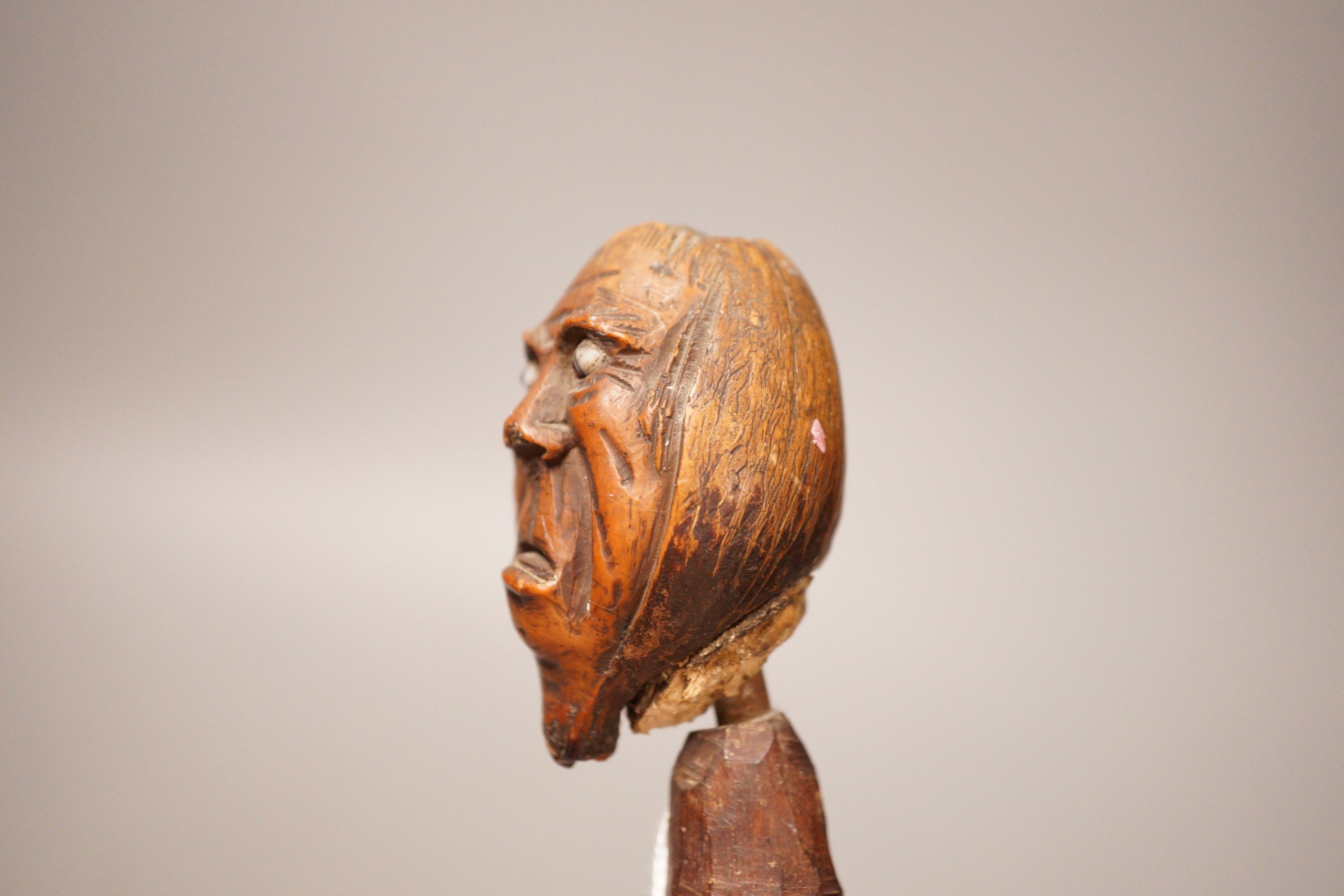 A 19th century continental carved head with glass eyes on associated cane stick. Total length 92cm - Image 2 of 5