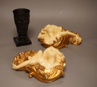 A pair of gilt resin figural wall appliques, signed, and a 19th century cast iron and slate