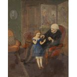 Victorian School, oil on board, Interior with child and grandparent, 22 x 20cm