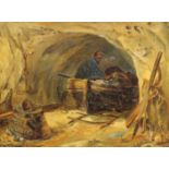 M.H., oil on board, Fishermen in a sea cave, initialled and dated '94, 28 x 38cm