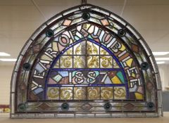 'Year of Jubilee 1887', a Victorian commemorative arched stained glass window, 67x86cm