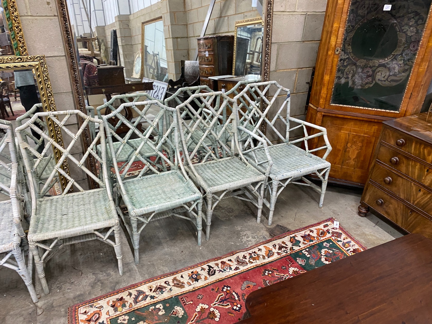 A set of ten white painted caned bamboo conservatory chairs with cockpen backs, two with arms - Image 3 of 3
