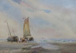 Wilfred Knox (1889-1966), watercolour, 'Unloading barges on the beach (Dutch Pinks)', signed, 26 x