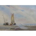 Wilfred Knox (1889-1966), watercolour, 'Unloading barges on the beach (Dutch Pinks)', signed, 26 x