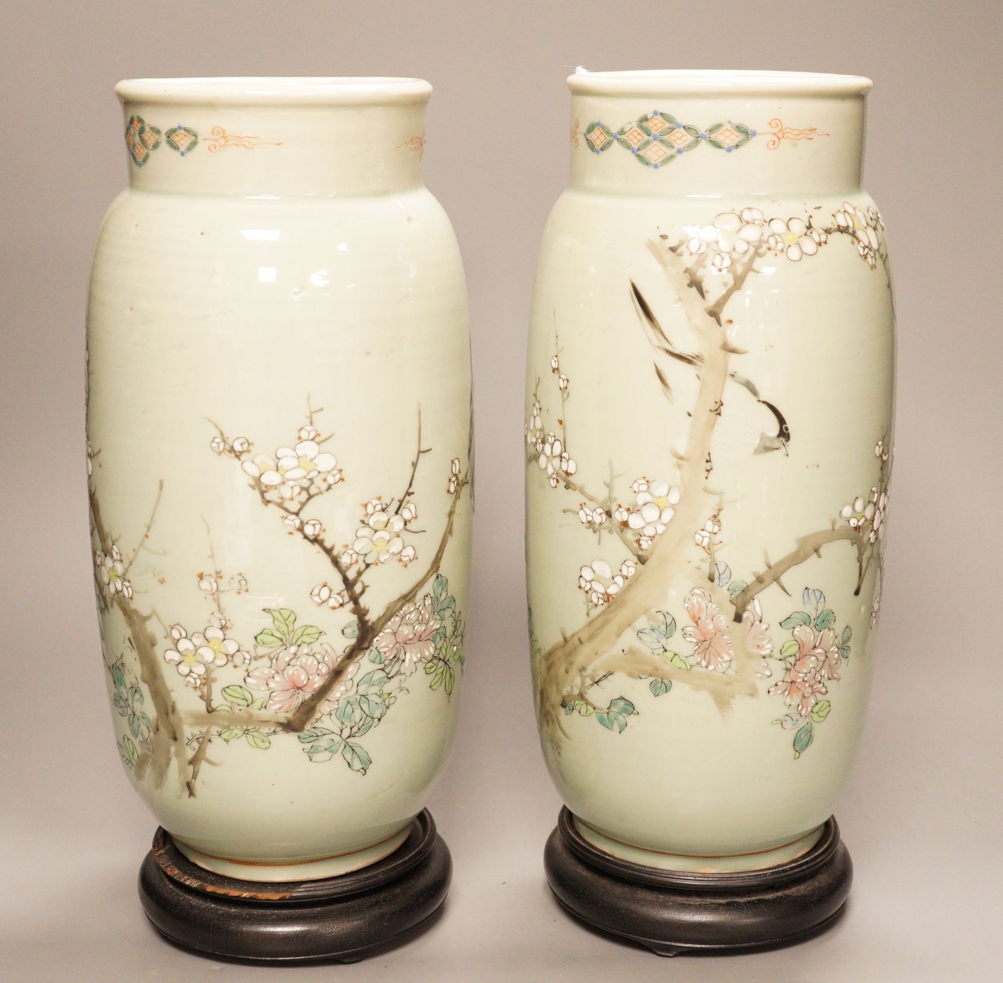 A pair of 19th century Japanese celadon glazed vases (drilled) with hardwood stands, total height - Image 2 of 4