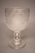 A Victorian/Edwardian wheel engraved glass goblet commemorating Admiral Nelson and HMS Victory,
