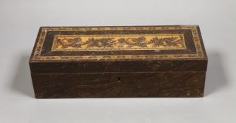 A Tunbridgeware box, 27cm wide, and three bloodstone table seals