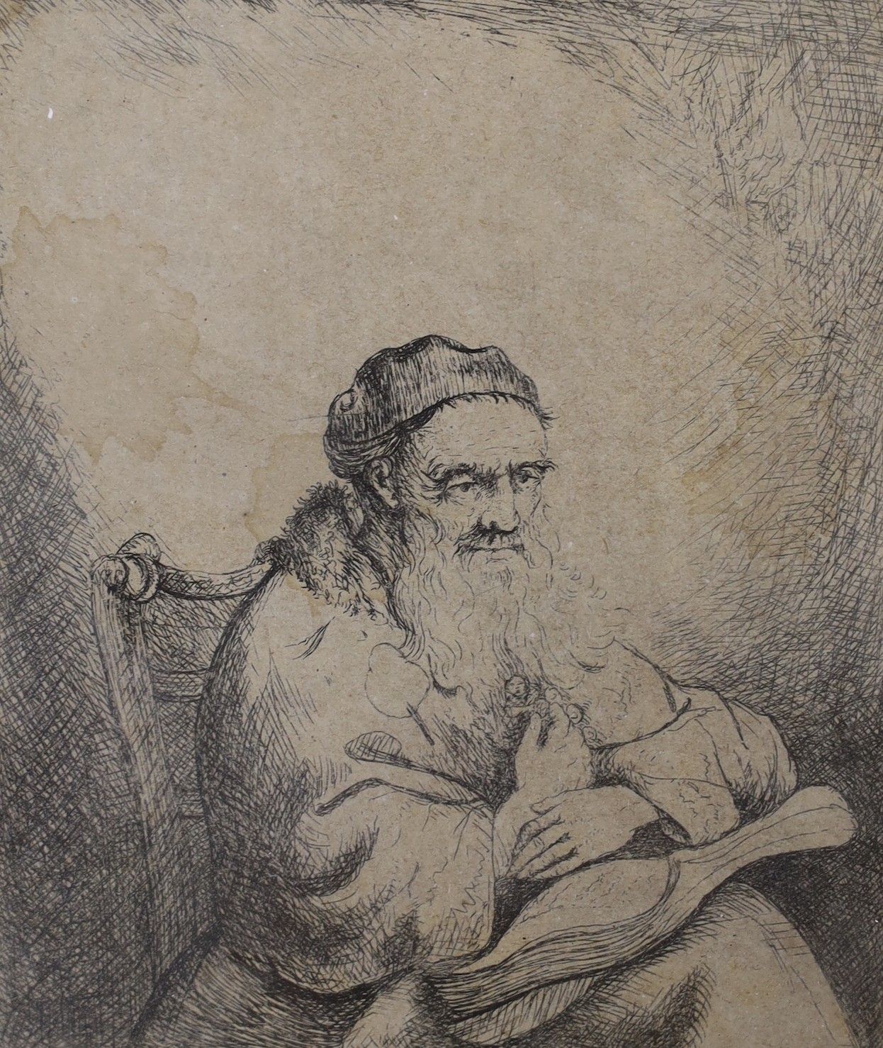 After Ferdinand Bol (Dutch, 1616-1680), etching, Man with trefoil, 9 x 7.5cm