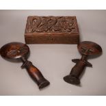 Two carved African wooden figures, together with a Burmese carved dragon wooden box