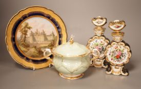 A 19th century Meissen sucrier, a Sevres style Chateau de Chambord plate and a pair of Paris