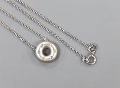 A modern 14k and diamond chip set pendant necklace, 41cm, gross weight 2.9 grams.
