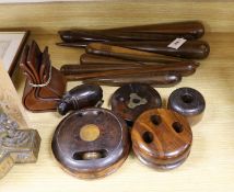 A collection of lignum vitae, rosewood etc. fids, pulley wheels etc,