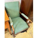 An early Victorian mahogany framed upholstered open armchair, width 52cm, depth 70cm, height 84cm