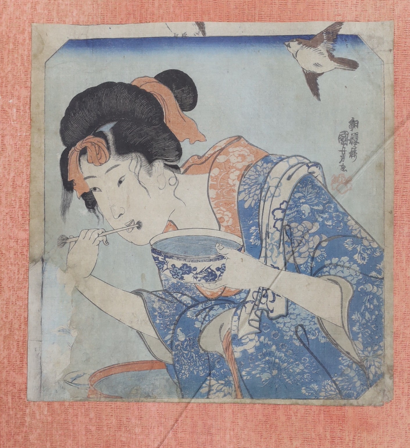 Utagawa Kuniyoshi (1797-1861), woodblock print, Woman with fish net, 24 x 21.5cm, another - Image 2 of 3