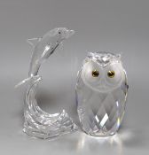 Swarovski crystal - two large boxed models: an owl and a dolphin,dolphin 20 cms high,