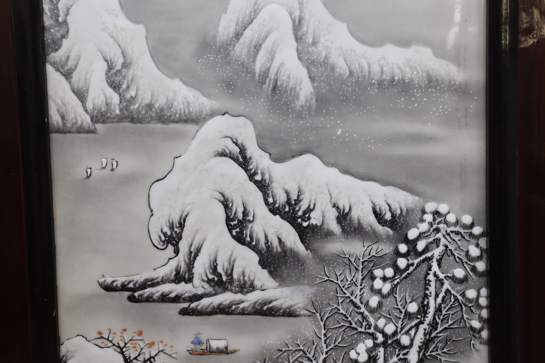 A Chinese framed porcelain plaque decorated with a winter scene, 31 cms wide x 54 cms high (not - Image 3 of 4