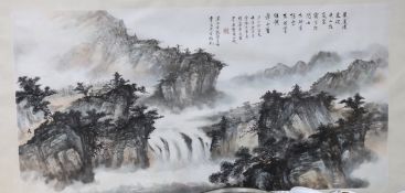 Chinese School, watercolour, Extensive mountain landscape, 60 x 120cm