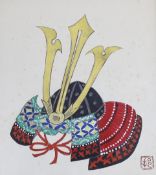 Japanese School, hand tinted print, 'War helmet', signed, 26 x 23cm