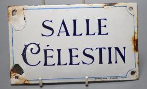 A French enamel brothel sign; 'Salle Celestin', signed Enseignes Michel, Paris, 12 x 20cm
