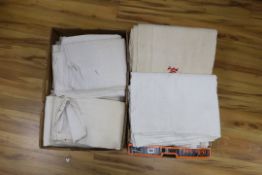 Two boxes of French Provincial linen sheets, some with red monograms