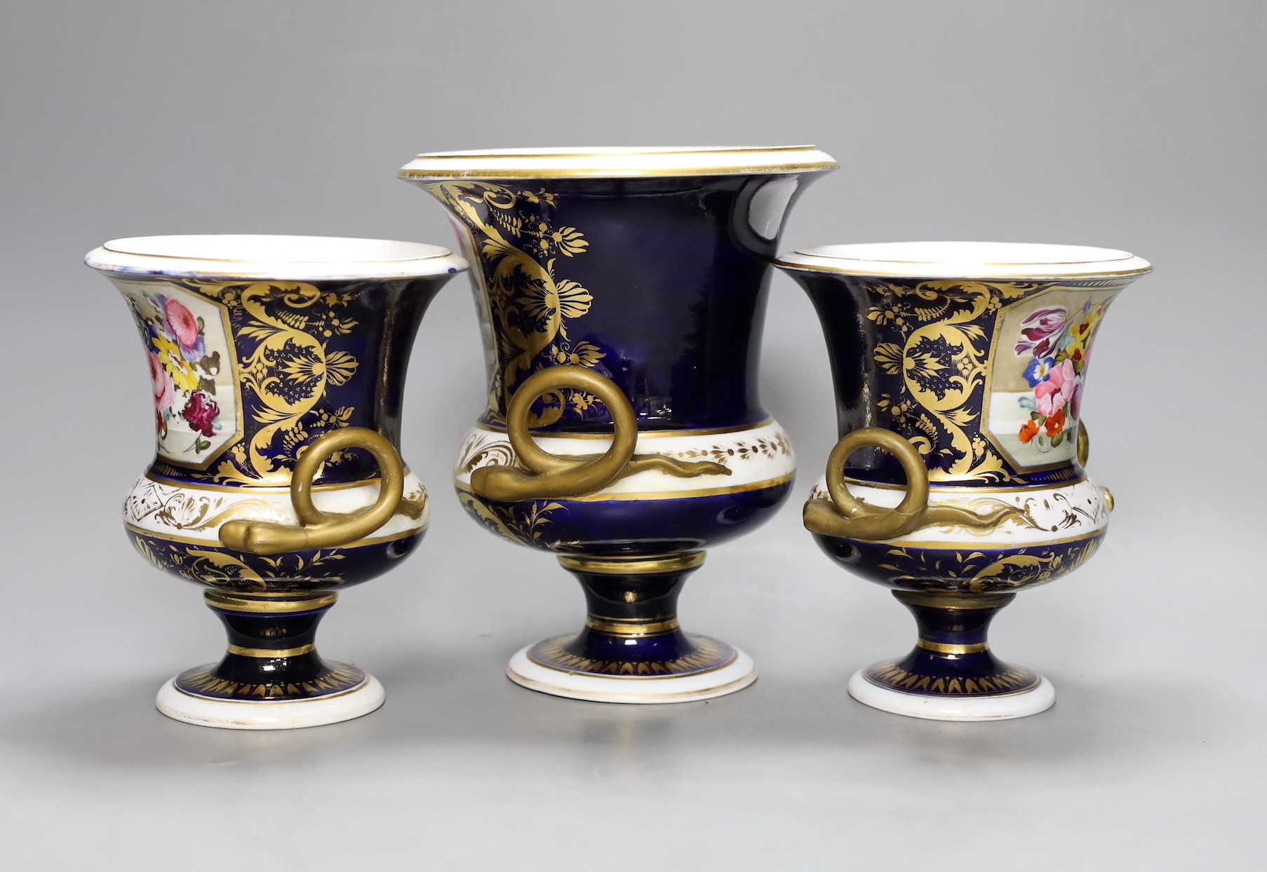 A garniture of three early 19th century floral painted Derby vases, tallest 20cm - Image 2 of 4