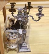 A quantity of mixed silver plate and a plated candelabra,Candelabra 58 cms high,