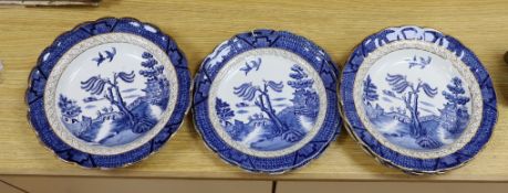 Six Booths ‘Real Old Willow’, blue and white dishes and two plates,