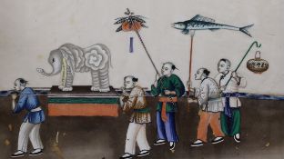 19th century Chinese School, three gouaches on pith paper, Procession of figures, 18 x 30cm