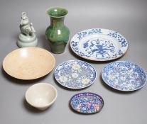 An 18th century Chinese blue and white dish together with other Chinese ceramics, dish diameter