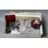 Assorted costume jewellery etc, including a silver mounted ruby glass scent bottle.