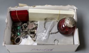 Assorted costume jewellery etc, including a silver mounted ruby glass scent bottle.