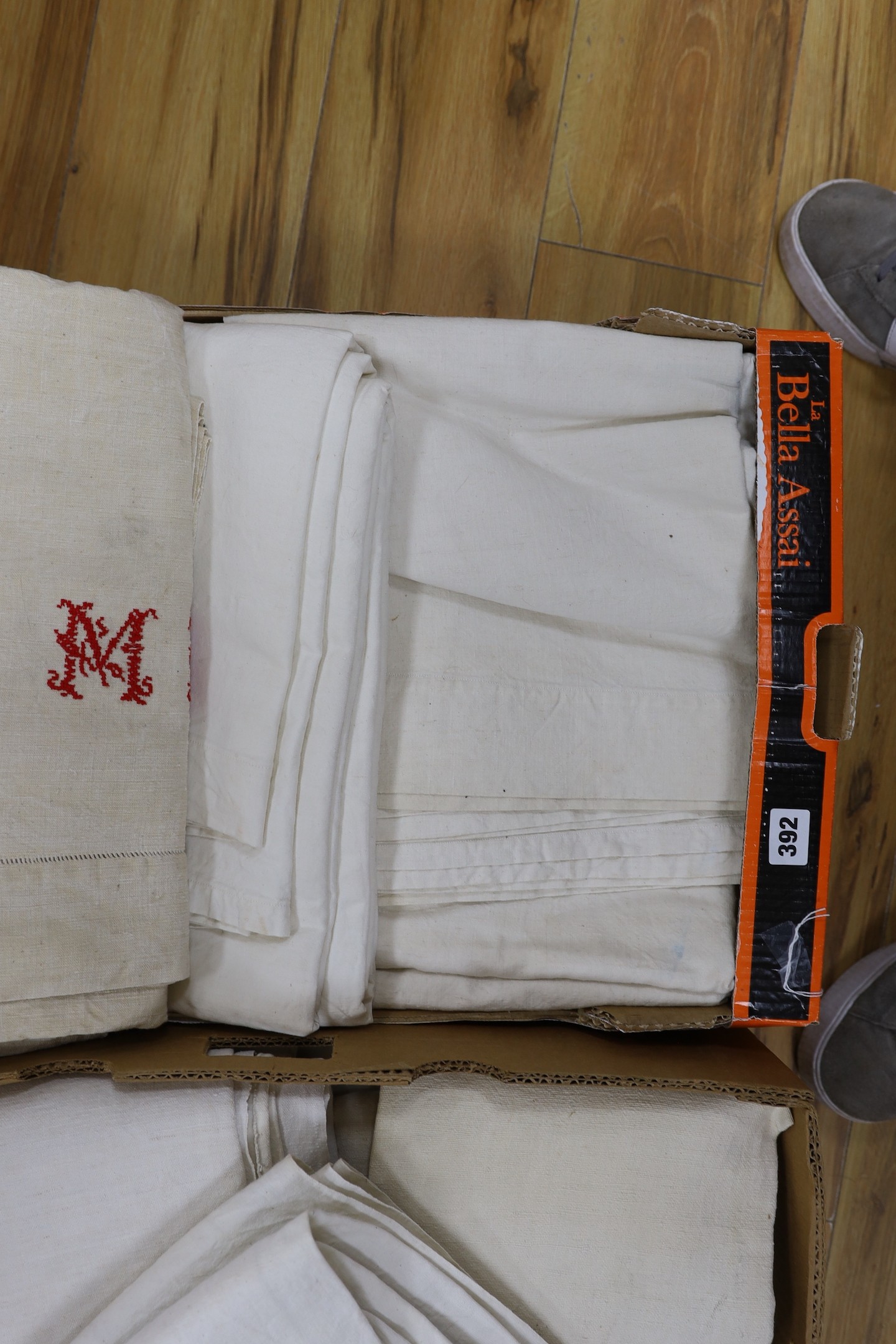 Two boxes of French Provincial linen sheets, some with red monograms - Image 2 of 4