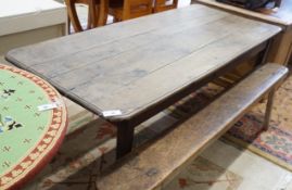 A 19th century rectangular oak kitchen table on square tapered legs, length 196cm, depth 84cm,