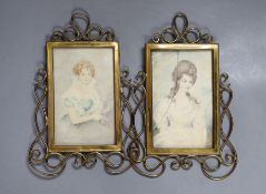 English School c.1900, pair of watercolour, Portraits of ladies, 15 x 9.5cm, housed in brass