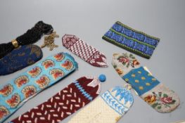 A collection of nine Berlin beadwork miser's purses and three panels, longest 26cm