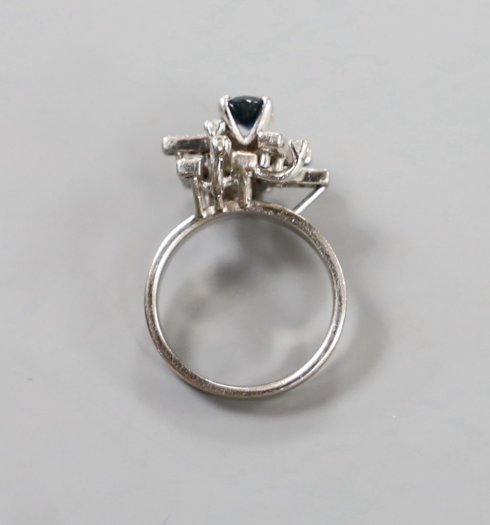A modern 18k, sapphire and diamond cluster set dress ring, size K, gross weight 6 grams. - Image 3 of 4