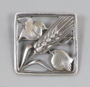 A Georg Jensen sterling square 'Robin and frond' brooch, no. 250, 36mm.